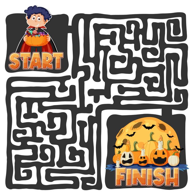 Vector maze game template in halloween theme for kids