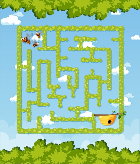 Maze game template in honeybee theme for kids