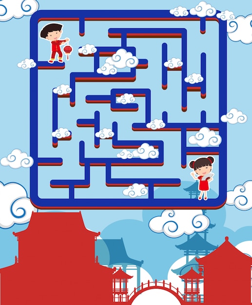 Maze game template with chinese boy and girl