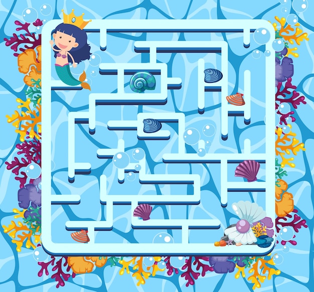 Maze game template with mermaid swimming in the sea
