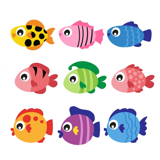 Free Vector  Cute bright fish game cartoon character set vector  illustration of underwater sea or aquarium creatures marine and ocean  tropical animals with smiling faces aquatic saltwater colorful critters