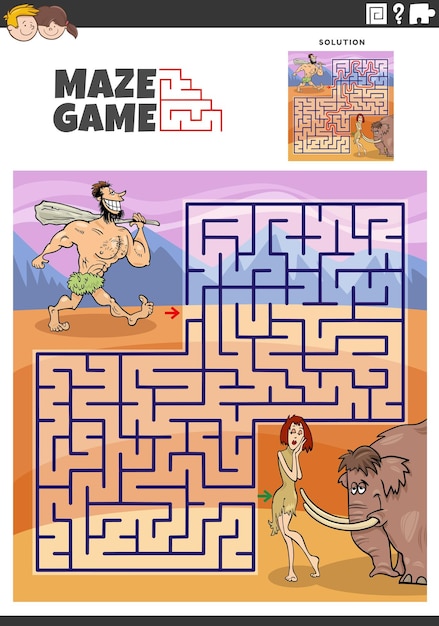 Vector maze game with cartoon couple of cavemen characters