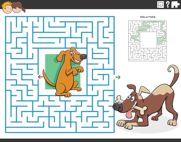 Maze game with cartoon dogs animal characters