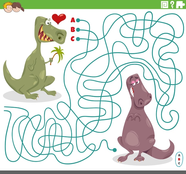 Maze game with cartoon donkey dinosaur in love