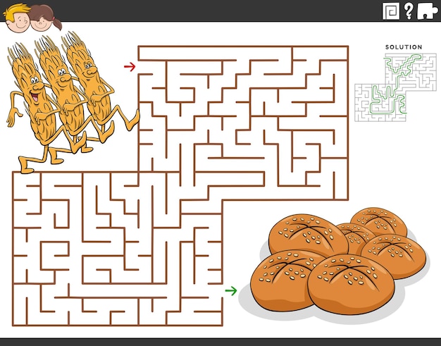 Maze game with cartoon ears of grain and bread
