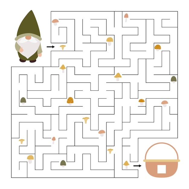 Vector maze game with gnomes and forest mushrooms