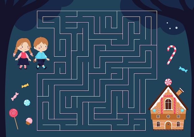 Vector maze game with hansel and gretel fairy tale characters.