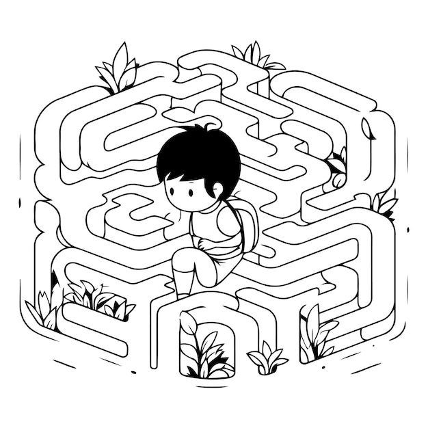 Vector maze game with little boy in the labyrinth