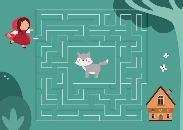 Maze game with Little Red Riding Hood fairy tale characters