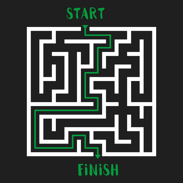 Maze game with solution labyrinth with entry and exit vector illustration