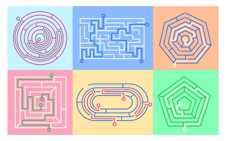 Vector maze games with direction of right path set. vector illustrations of labyrinths with different shapes, abstract maze maps with entrance and exit. mental logic activity, riddle, education concept