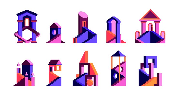 Vector maze houses multicolored flat geometrical abstract construction stylized buildings various cityscape garish vector pictures collection