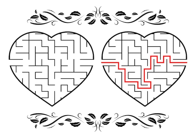 ハートの教育ワークシートの形をした迷路