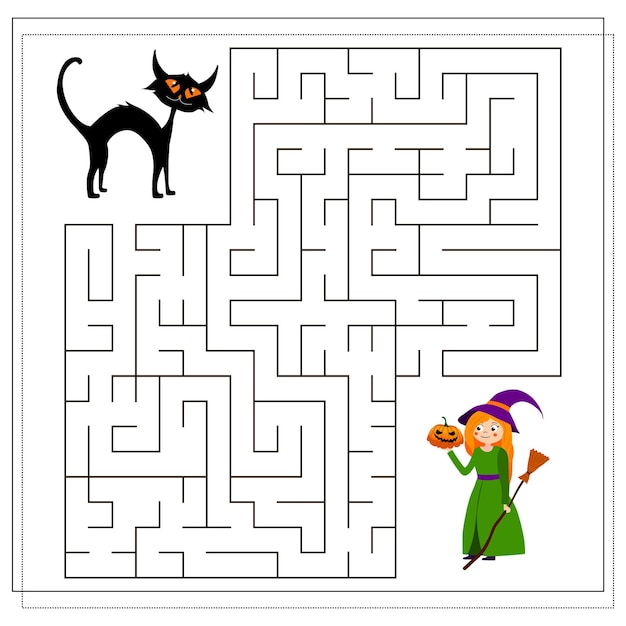 Maze for kids black cat and witch halloween vector illustration isolated on a white background