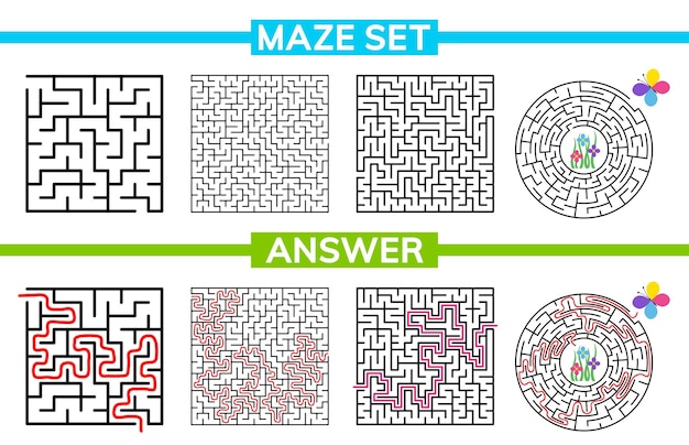 Maze labyrinth conundrum for kids Entry and exit Maze set collection labyrinth Children puzzle game Vector stock illustration