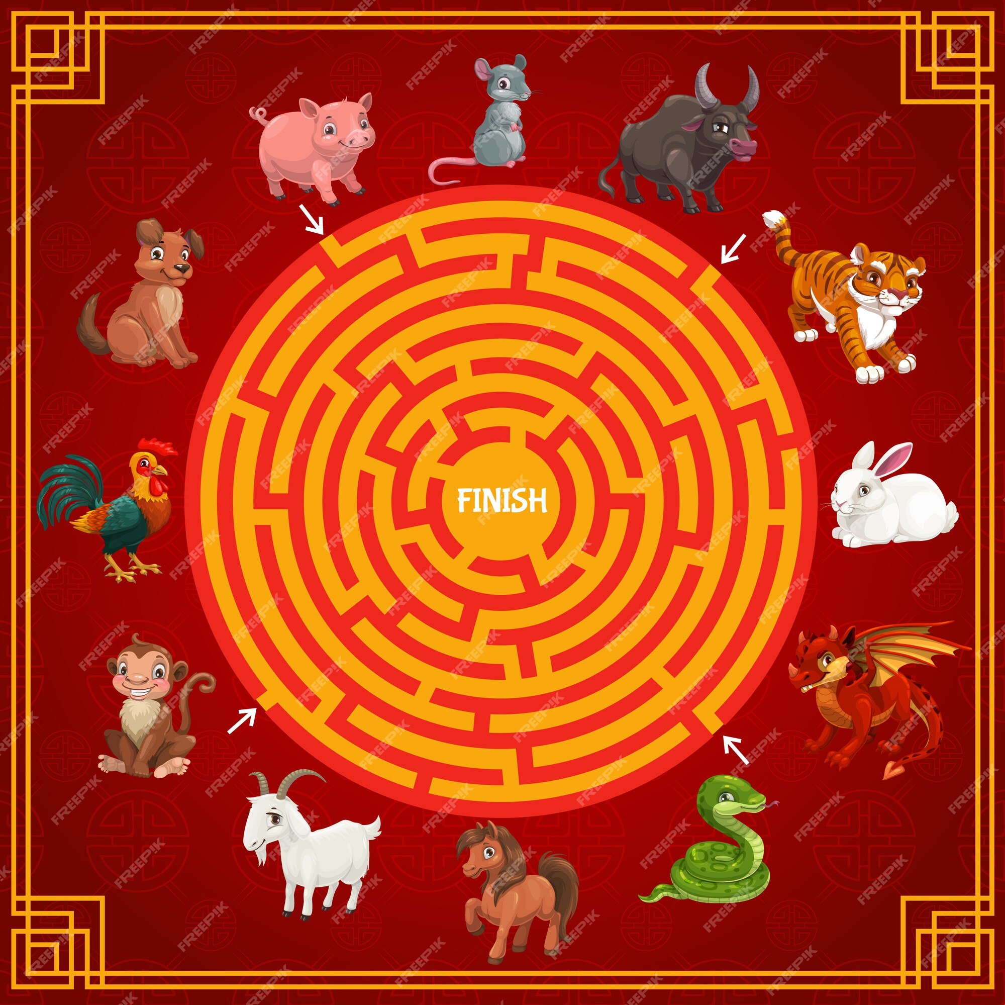 Premium Vector | Maze or labyrinth game template with cartoon zodiac animals of chinese new year calendar. children education game or puzzle of find right way to finish with circular path, horoscope Premium Vector | Maze or labyrinth game template with cartoon zodiac animals of chinese new year calendar. children education game or puzzle of find right way to finish with circular path, horoscope