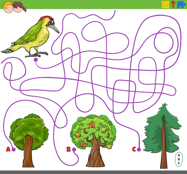 Gioco di linee di labirinto con picchio e alberi