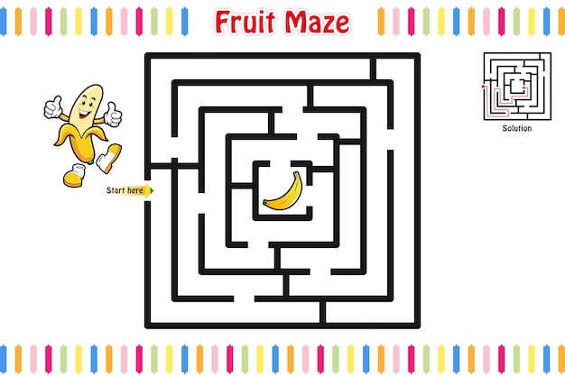 Maze puzzle, Educational maze for children with Fruits, Labyrinth for kids, Vector illustration