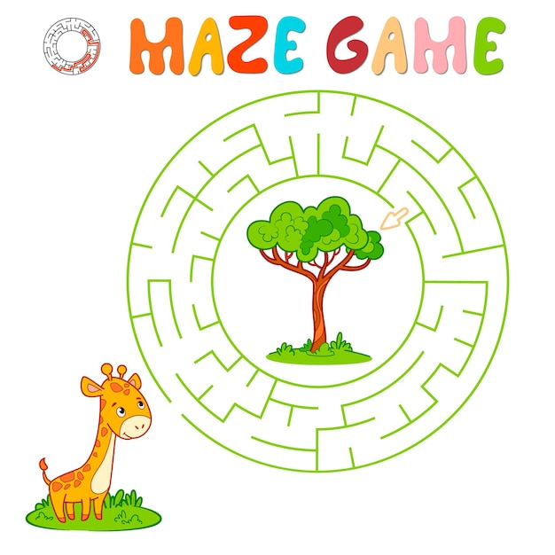 Maze puzzle game for children. Circle maze or labyrinth game with giraffe.