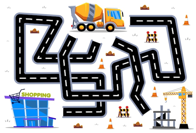 子供のための迷路パズルゲームは、漫画の重機輸送濃縮ミキサートラックが建設現場やショッピングモールへの正しい道を見つけるのに役立ちます