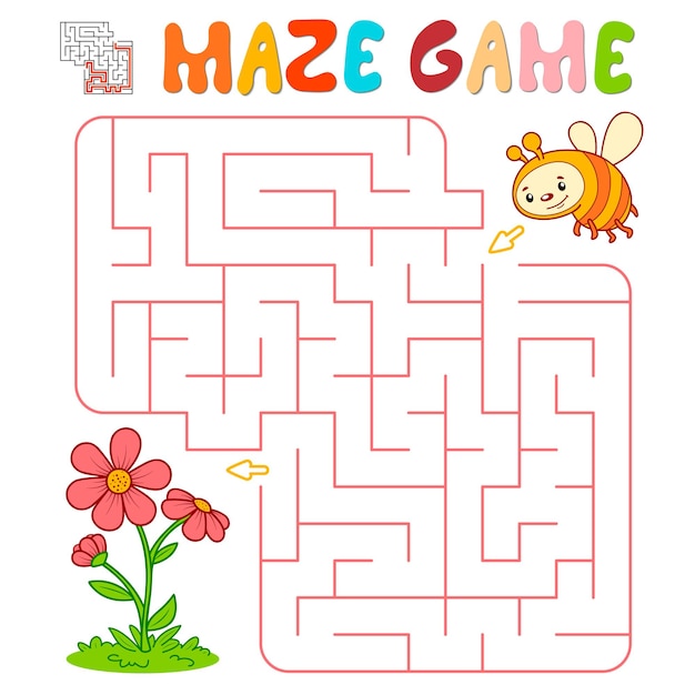 Maze puzzle game for children. Maze or labyrinth game with bee. Vector illustrations