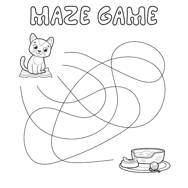 子供のための迷路パズルゲーム。迷路または迷路の輪郭を描きます。猫と一緒にパスゲームを見つけましょう。