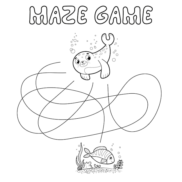 Maze puzzle game for children. Outline maze or labyrinth. Find path game with seal.