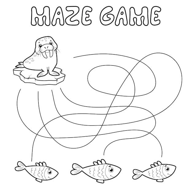 Maze puzzle game for children. outline maze or labyrinth. find path game with walrus