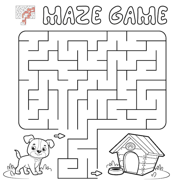 Maze puzzle game for children. Outline maze or labyrinth game with dog. illustrations