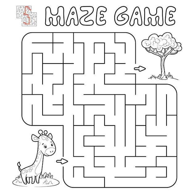 Maze puzzle game for children. Outline maze or labyrinth game with giraffe. illustrations