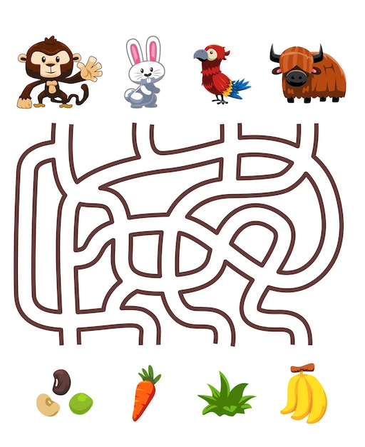 Maze puzzle game for children pair cute cartoon monkey rabbit parrot yak with the correct food printable worksheet