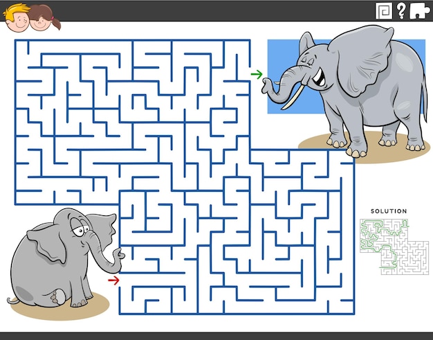 Maze puzzle game for children with cartoon baby elephant and mom