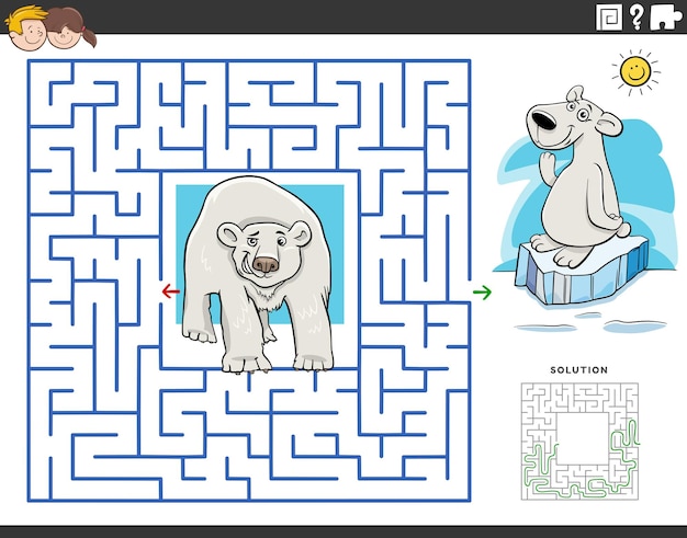 만화 북극곰 동물 캐릭터가 있는 어린이를 위한 미로 퍼즐 게임