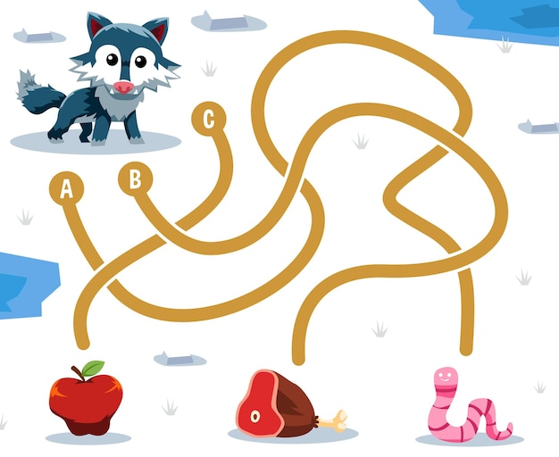 Gioco di puzzle labirinto per bambini con simpatico cartone animato animale lupo alla ricerca del cibo corretto, verme di manzo, mela o foglio di lavoro stampabile