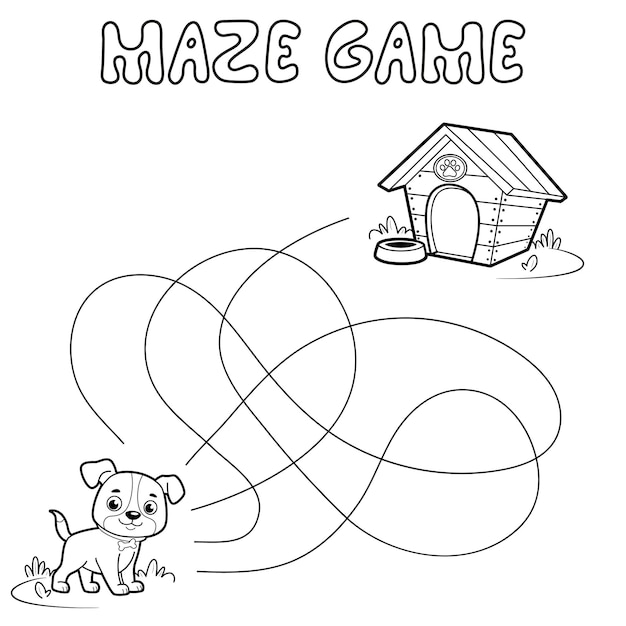 子供のための迷路パズルゲーム。迷路または迷路の輪郭を描きます。犬と一緒にパスゲームを見つけましょう。