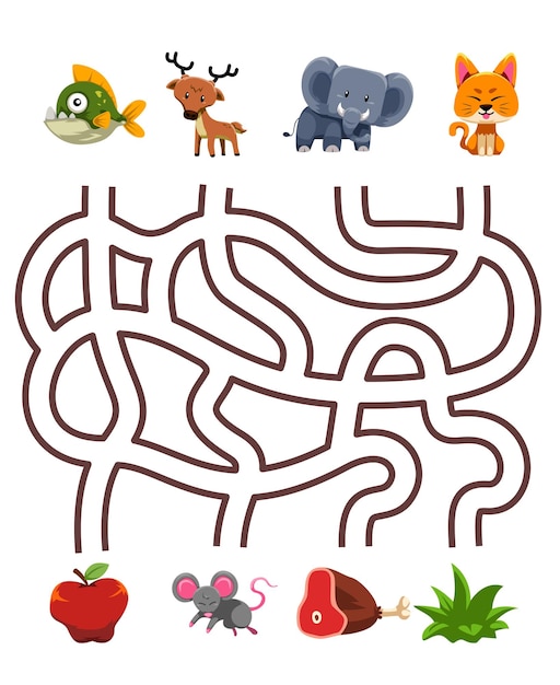 Вектор Лабиринт игра-головоломка для детей пара милый мультфильм пиранья олень слон кошка с правильной едой лист для печати