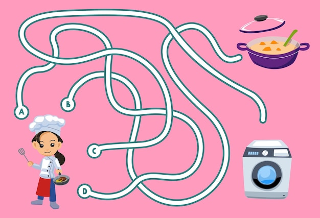 귀여운 만화 요리사 냄비와 세탁기 인쇄 가능한 도구 워크시트가 있는 어린이를 위한 미로 퍼즐 게임