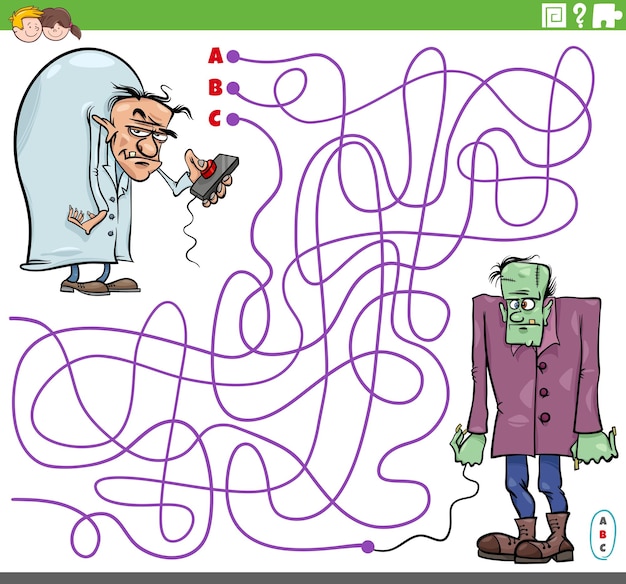 만화 사악한 과학자와 좀비 캐릭터가 있는 미로 퍼즐 게임