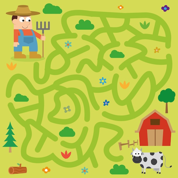 Maze puzzle page for children on farmers theme