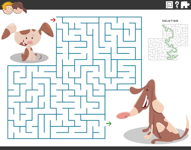 Maze puzzle with cartoon adult dog and cute little puppy