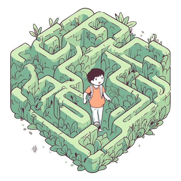 Vector maze with boy in the middle of labyrinth