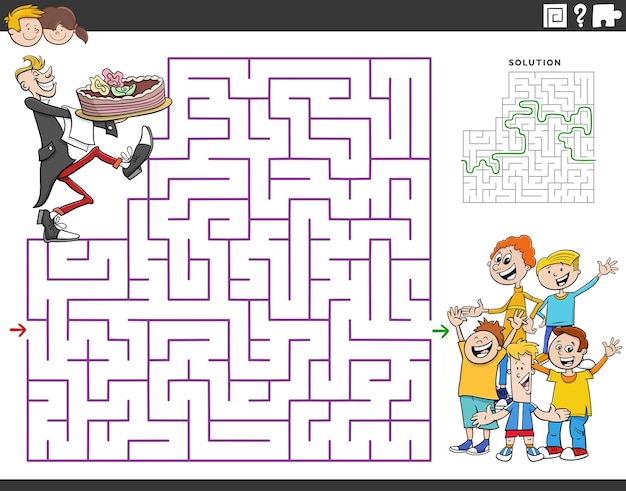Лабиринт с мультяшным официантом с тортом и детской группой