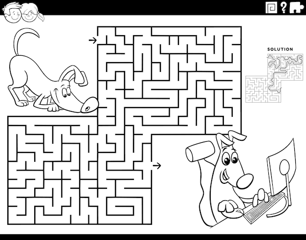 Maze with dog playing computer games coloring page