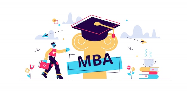 Vettore illustrazione mba. concetto di persona piatta piccola master of business administration. strategia di gestione dell'istruzione per la crescita delle conoscenze degli studenti. cappello di laurea come apprendimento accademico e simbolo di saggezza