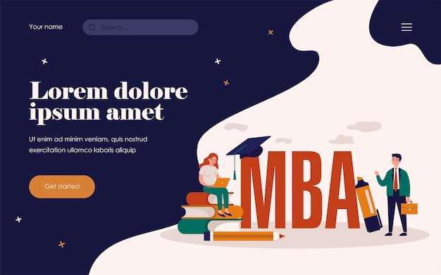 Студенты школы mba. человек, использующий ноутбук на стопке книг возле выпускной крышки, изучающий бизнес-администрирование и менеджмент. плоские векторные иллюстрации для академического образования, концепции знаний