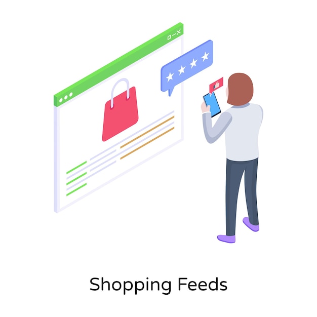 Mcommerce concept with a female with speaker isometric vector of shopping ads