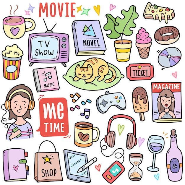 Vector me time gerelateerd aan entertainment kleurrijke vector grafische elementen en doodle illustraties