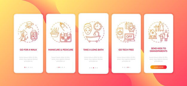 Me time ideas onboarding mobile app page screen with concepts