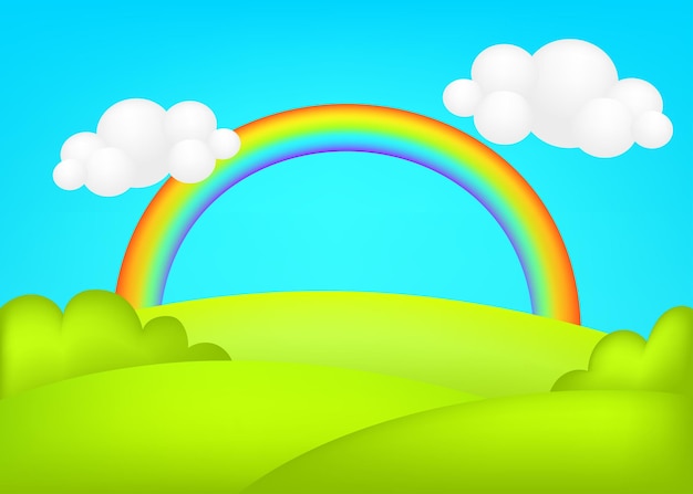 Meadow 3d vector illustration. fantastic landscape with rainbow on green valley kids background.