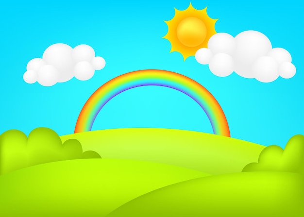 Meadow 3d vector illustration. Fantastic landscape with rainbow on green valley kids background.